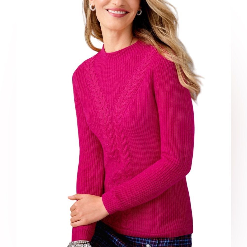 Talbots Wool Blend Cable Knit Shaker Stitch Sweater Long Sleeve Moc-Neck Chunky